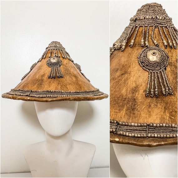 Antique Asian Sun Hat / African Fulani Hat / Leath