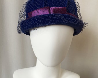 Blue Velvet Bucket Hat // 60's Mod // Blue Netting // Purple Satin Band