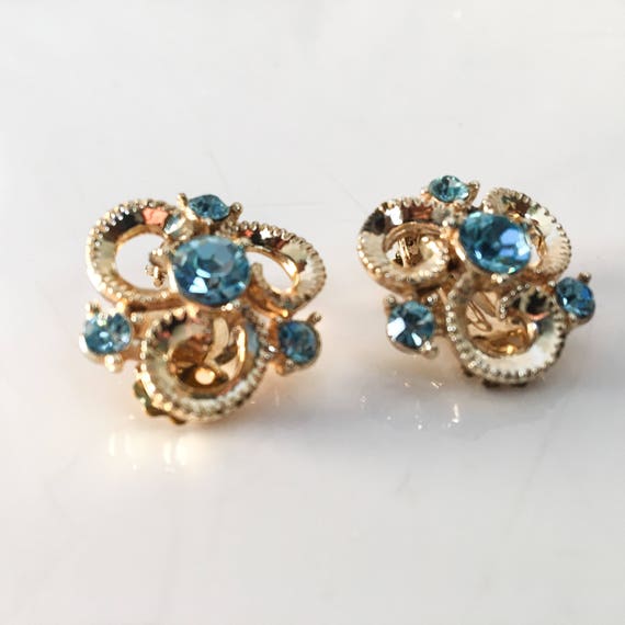 Mid Century Clip On Rhinestone Earrings / Gold & … - image 2
