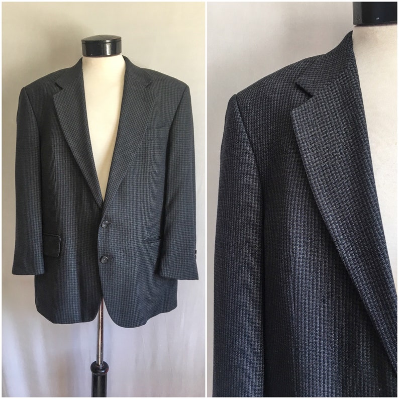 44 L Vintage Oscar De La Renta Sports Coat Blue Tweed Sports Coat Wool Check Blazer Designer Blazer Blue Fine Wool Size 42 L