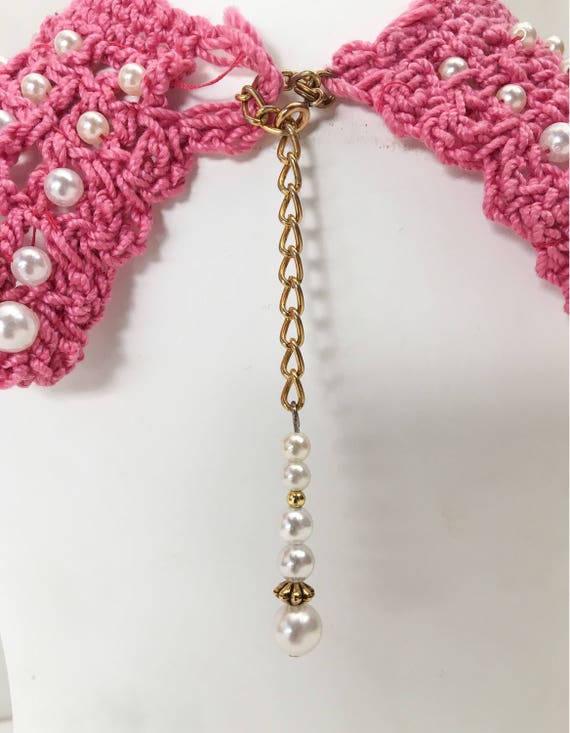 Vintage Knit Crochet Pearl Collar // Pink Knit Co… - image 3