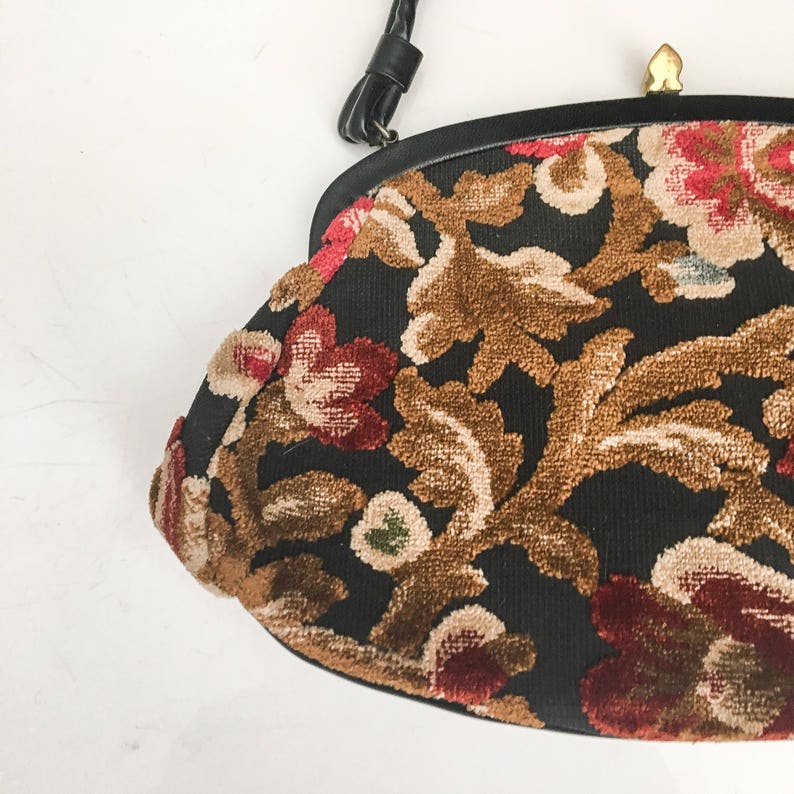 Vintage Tapestry Kelly Bag // 50s 60s Garay Tapestry Purse / Velvet Tapestry HandBag // 1950s 1960s Purse // Mid Century Floral Tapestry Bag image 7