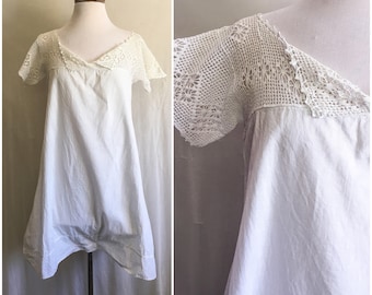 Edwardian Romper // White Vintage Edwardian Romper W/ Crochet Lace Yoke // Edwardian Nightgown W/ Button Crotch // Antique Victorian Chemise