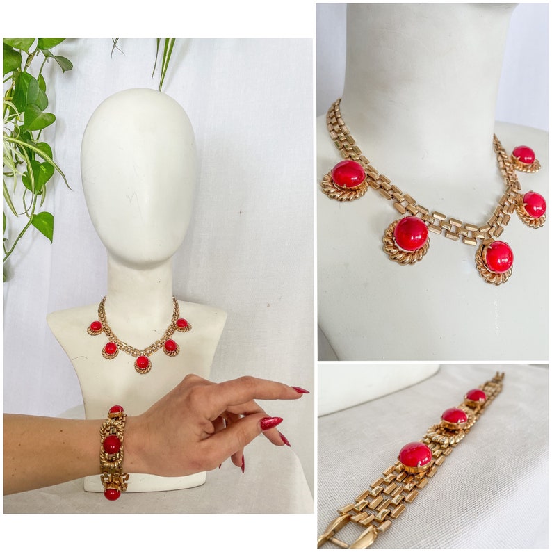 VTG Red & Gold Jewelry Set / 1980s does 1940s Gold Chain Link Necklace and Bracelet Red Stones / 80s 40s Gold and Red Bracelet and Necklace image 1