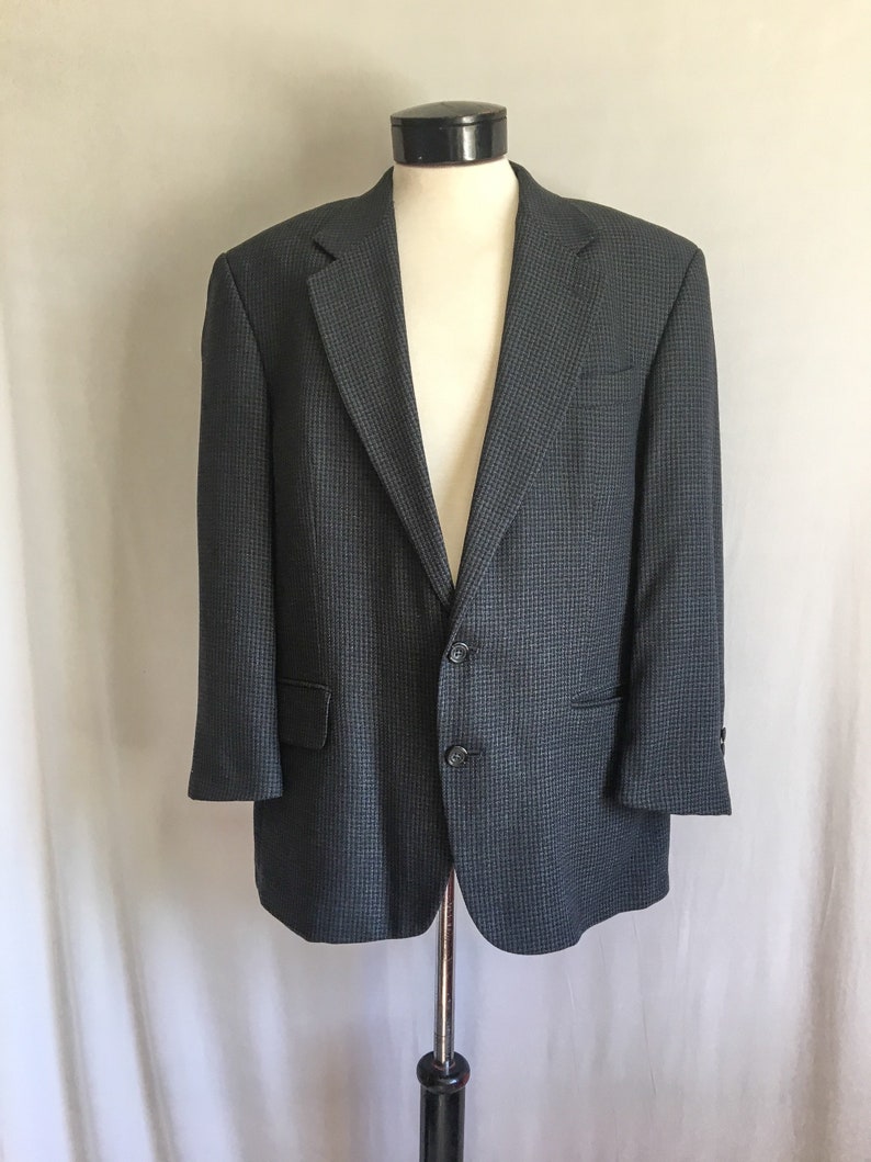 44 L Vintage Oscar De La Renta Sports Coat Blue Tweed Sports Coat Wool Check Blazer Designer Blazer Blue Fine Wool Size 42 L