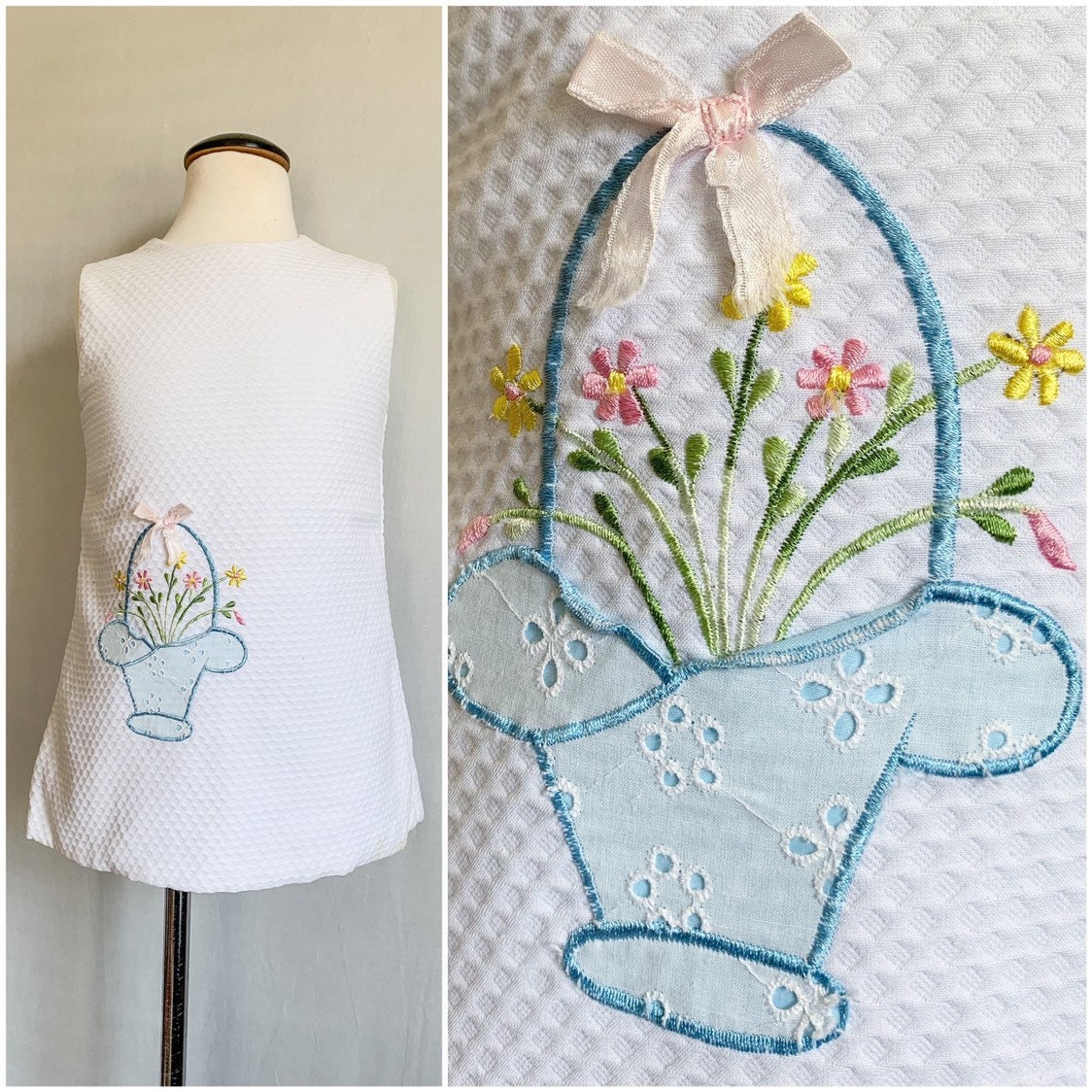 VTG Little Girls Dress / White & Embroidered Appliqué Flower Basket / 1950s - 1960s Baby Girl Shift Dress / 50s 60s Dress Size 6