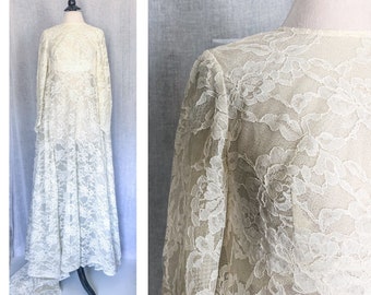 1960s Wedding Gown / Ivory French Lace Wedding Dress / Full Skirt Empire Waist Long Watteau Train Bridal Dress / Victorian Sheer Lace Gown