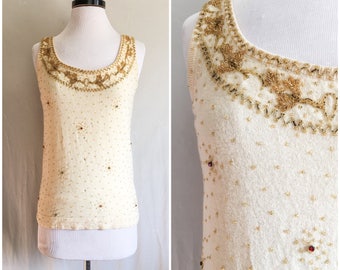 1960s Beaded Rhinestoned Sweater Tank // 60s Designer Marchesa Angora Lambswool Fully lined Top // Mid Century Embellished Cocktail Sweater