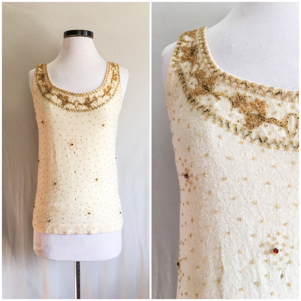 Réservoir de pull à lames de Rhin perlé des années 1960 // Designer marchesa Angora Lambswool des années 60 Top entièrement doublé // Pull cocktail embelli du milieu du siècle