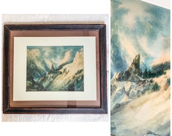 Vintage Antique Print / Vintage Matted W/ Glass & Wood Framed Landscape Print of Mountain Scene / Mid Century Rustic Decor Wall Hanging 17"