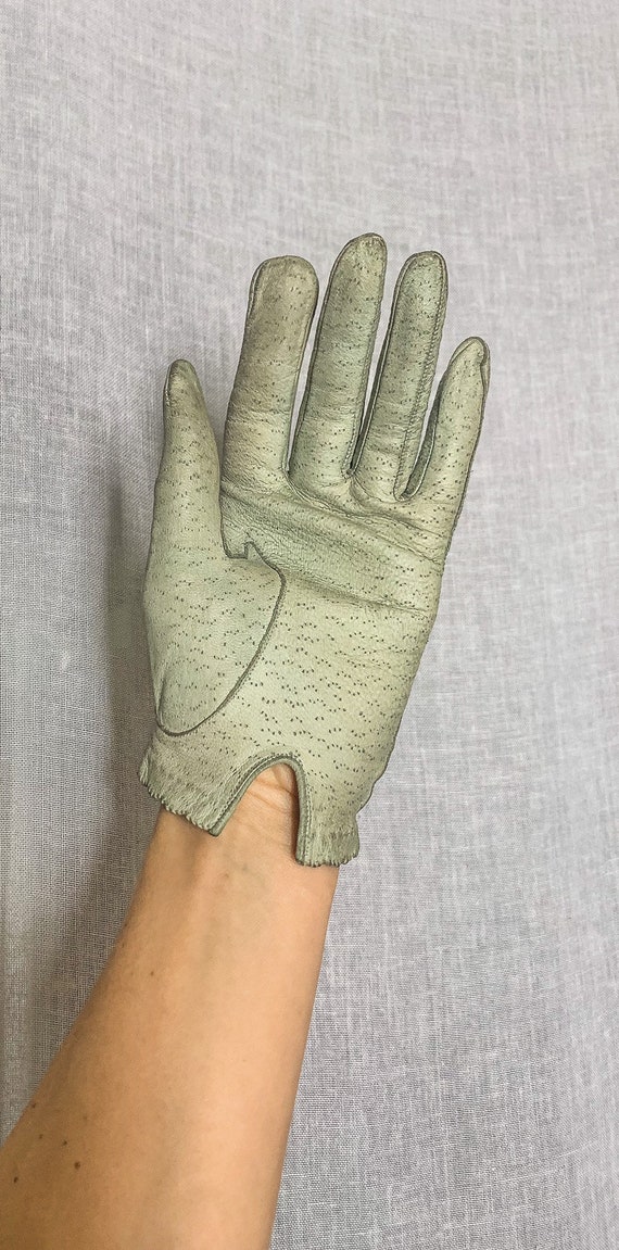 Vintage Deerskin Leather Gloves / Sage Green Soft… - image 3