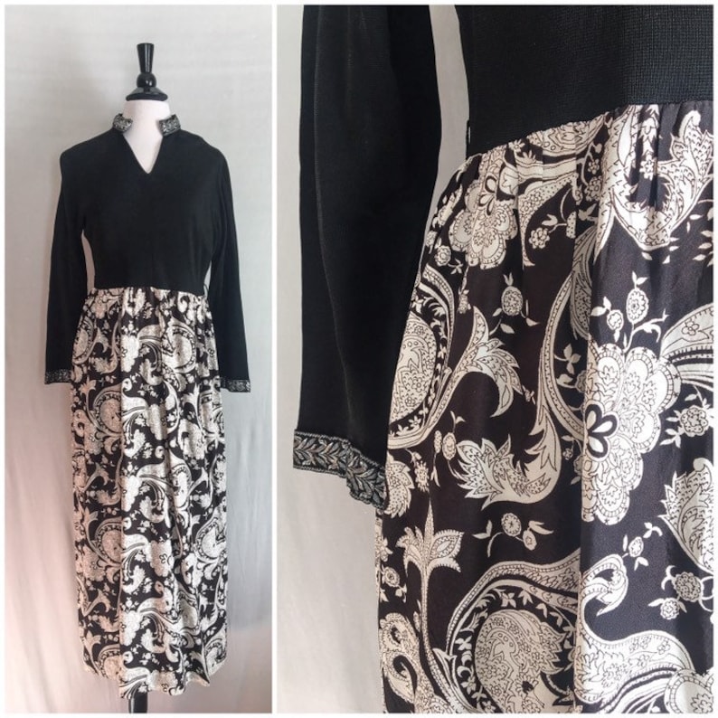 Vintage 1960s 70s Gown / 60s 1970s Long Dress Knit Top, Metallic Lurex Trim, Paisley Print Skirt Maxi Dress / Black & White Dress Sz Medium image 1