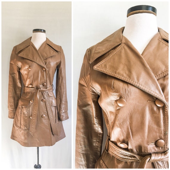 VTG 1970s Tan Brown Leather Coat / 70s Light Brow… - image 1