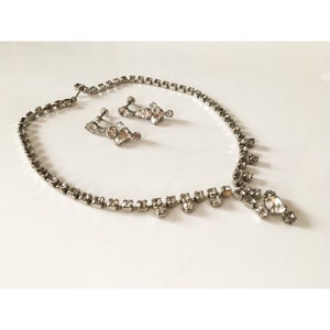 VTG Antique Rhinstone Necklace & Matching Earrings // Mid Century Rhinestone Jewelry Set // 1950s 1960s Necklace and Screw Back Earrings