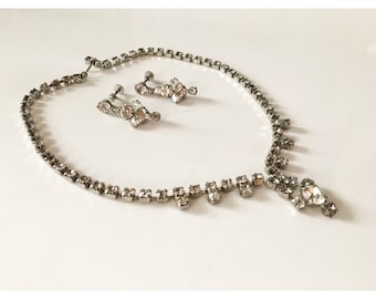 Vintage Rhinestone Necklace and Earrings Set, Mid Century Jewelry