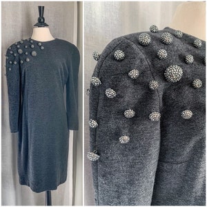 VTG Designer Louis Féraud Dress / 80s 90s Designer Dress / Charcoal Grey Soft Felt Wool / 1980s 1990s Grey Crystal Rhinestone Button Dress