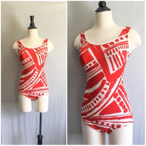 Vintage Swimsuit // 1960s Cole of California Swimsuit // Red & White Print Swimsuit // 60s Swimsuit Bullet Bra Size 12 Made in U.S.A.