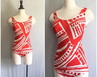 Vintage Swimsuit // 1960s Cole of California Swimsuit // Red & White Print Swimsuit // 60s Swimsuit Bullet Bra Size 12 Made in U.S.A.