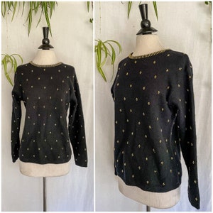 Vintage 80er Gold Perlenpullover / 1980er Schwarzer Pullover mit Goldperlen / Westbound Petites Sz Small Med