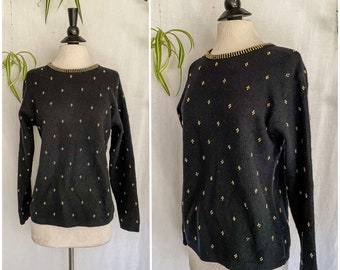 Vintage 80s Gold Beaded Sweater / 1980s Black Sweater with Gold Beads / Westbound Petites Sz Small Med