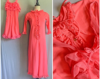 Vintage 60s Hot Pink Neon Orange Lingerie PJ Set / Vintage 60s Nylon Lingerie / Romper Shorts & Tank Jumper Union Suit 2 Piece Set