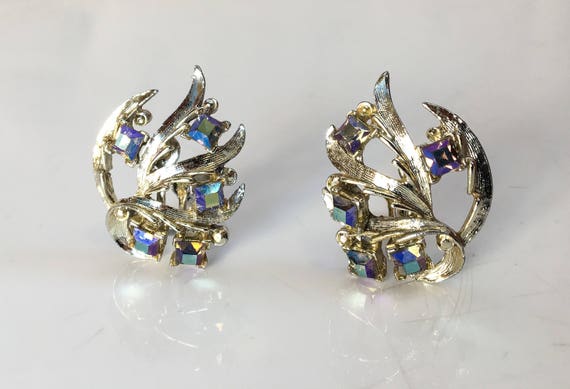 Mid Century Clip On Rhinestone Earrings / Silver … - image 1