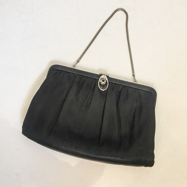 Vintage Bag // Black Satin Clutch / Vintage Handbag / Frame Purse by Ande / Mid Century Womens Cocktail Evening Bag