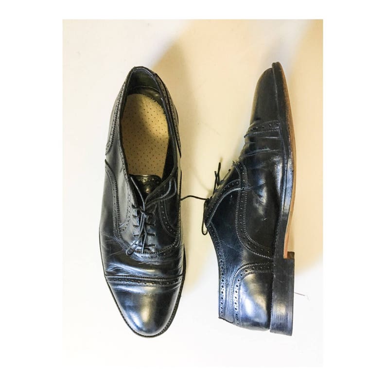 Freeman Free-Flex Black Dress Shoes Cap Toe Brogue Leather Oxfords Mens Vintage Black Lace Up Oxfords Mens She Size 13 D