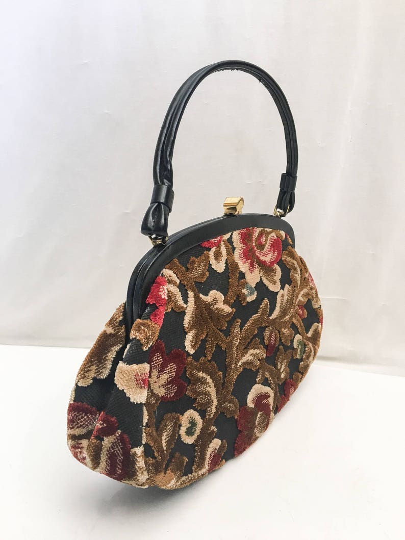 Vintage Tapestry Kelly Bag // 50s 60s Garay Tapestry Purse / Velvet Tapestry HandBag // 1950s 1960s Purse // Mid Century Floral Tapestry Bag image 3