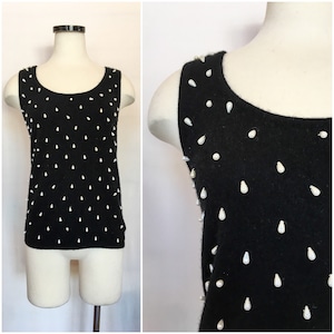 VTG Pearl Sweater Top / Black Soft Angora Lambswool & Pearl Embellishment / 80s 90s White Stag Angora Lambswool Sweater Tank / Sz Medium