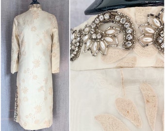 1960s Dress / Ivory White Gown Sheer Flocked Floral Print / Long Shift Dress / Pearl Crystal Rhinestone Encrusted  Embellished Wedding Dress