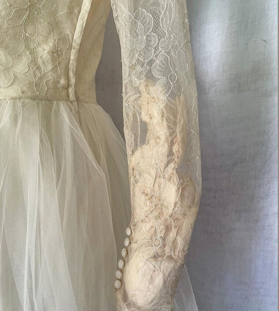 Vintage 1950s Wedding Gown / 50s Cream Tulle & La… - image 2