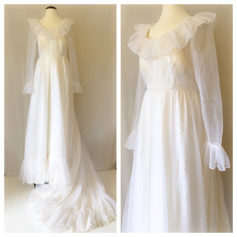 Vintage Late 60s early 70s Wedding Dress // sheer dotted
