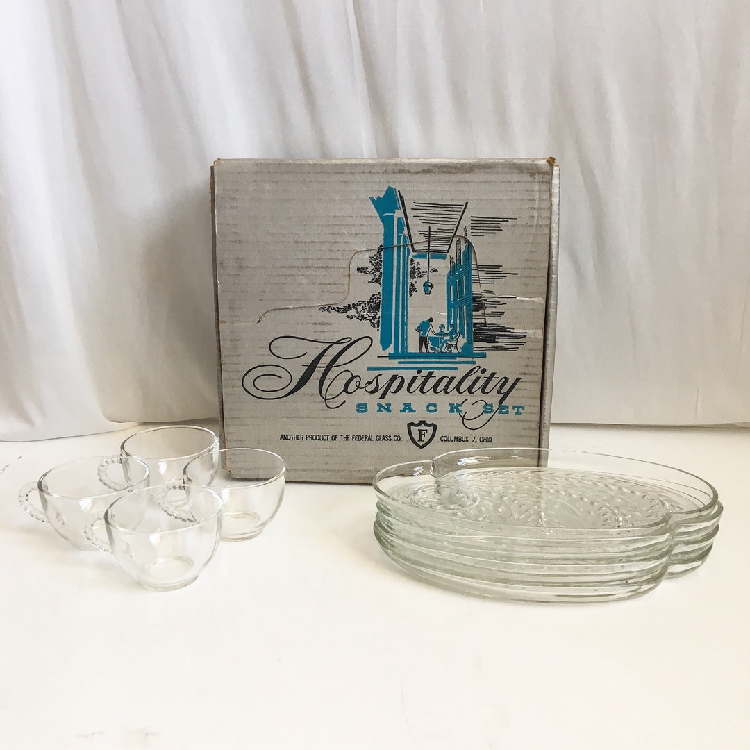 Mid Century Snack Set // Vintage HOSPITALITY Snack Set Federal Glass Co. 1950s 1960s Sparkling