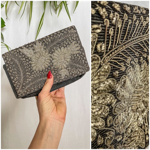 VTG Metallic Embroidered Clutch Purse / hand stit… - image 1