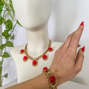 VTG Red & Gold Jewelry Set / 1980s does 1940s Gold Chain Link Necklace and Bracelet Red Stones / 80s 40s Gold and Red Bracelet and Necklace image 2