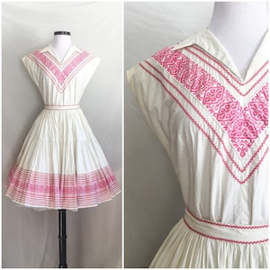Set di abiti anni &#39;50 / Set di abiti southwest / 50s nativo, Patio, Fiesta Thunderbird Moda Gonna e Top Set / Bianco & Rosa Patio Abito Sz Piccolo