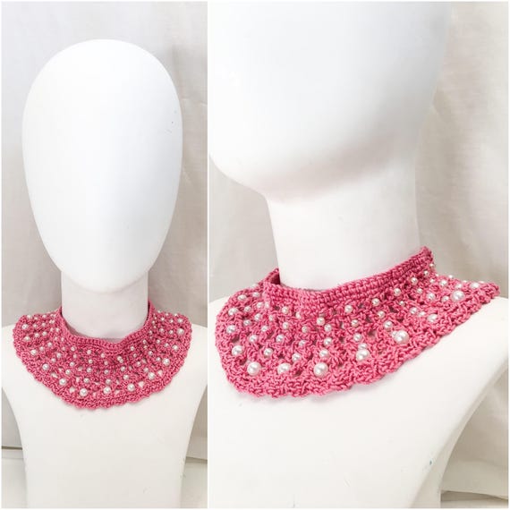 Vintage Knit Crochet Pearl Collar // Pink Knit Co… - image 1