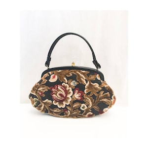 Vintage Tapestry Kelly Bag // 50s 60s Garay Tapestry Purse / Velvet Tapestry HandBag // 1950s 1960s Purse // Mid Century Floral Tapestry Bag image 1