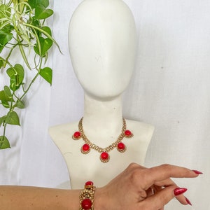 VTG Red & Gold Jewelry Set / 1980s does 1940s Gold Chain Link Necklace and Bracelet Red Stones / 80s 40s Gold and Red Bracelet and Necklace image 8