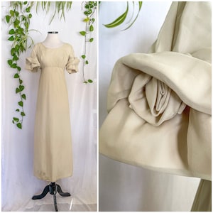 1930s does Edwardian Gown / 60s Vintage Empire Waist Gown Ivory Beige Silk Chiffon Gown W/ Rose Ruffle Sleeves / 60s Wedding Gown