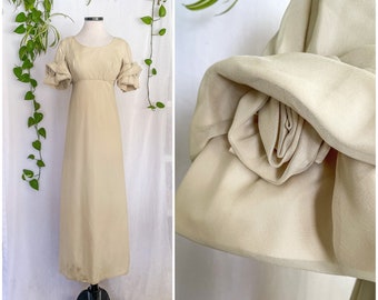 1930s does Edwardian Gown / 60s Vintage Empire Waist Gown Ivory Beige Silk Chiffon Gown W/ Rose Ruffle Sleeves / 60s Wedding Gown