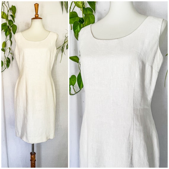 Vintage White Linen Dress by Sake / 1990s Medium … - image 1