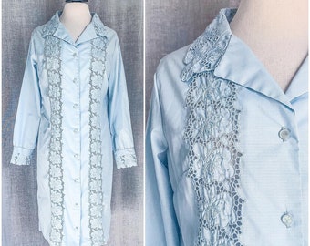 Vintage 60s Baby Blue Shirt Dress w/ Eyelet Floral Embroidery / Vintage 1960s Dress / Lee Mar of California / Lt Blue Button Up Shirt Dress