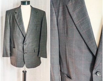 Vintage Sports Coat / Individually Tailored Jacket / 90s Sports Jacket / 1990s Sports Coat / Grey Plaid Fine Textile Hopsack Mens 46 Chest