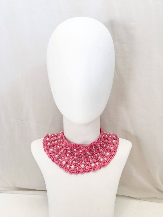 Vintage Knit Crochet Pearl Collar // Pink Knit Co… - image 4