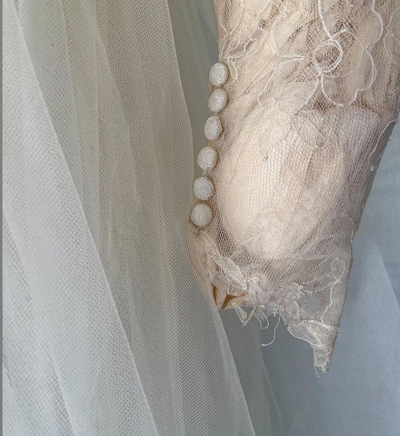 Vintage 1950s Wedding Gown / 50s Cream Tulle & La… - image 5