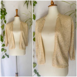 Vintage 1960s Wool Knit Hand-Beaded Aurora Borealis Sequin Sweater Cardigan // 60s Open Knit Hand Ivory Sequin Sweater // One Size Fits Most