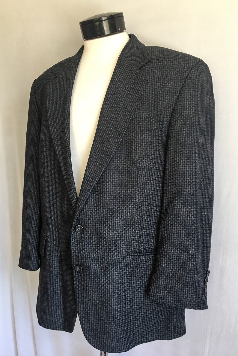 44 L Vintage Oscar De La Renta Sports Coat Blue Tweed Sports Coat Wool Check Blazer Designer Blazer Blue Fine Wool Size 42 L