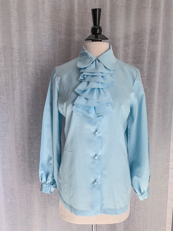 Vintage Blouse / 70s Pastel Blue Blouse / 1970s A… - image 7